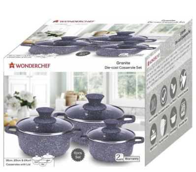 Wonderchef Granite Die-Cast Casserole Set With Lid- Granite