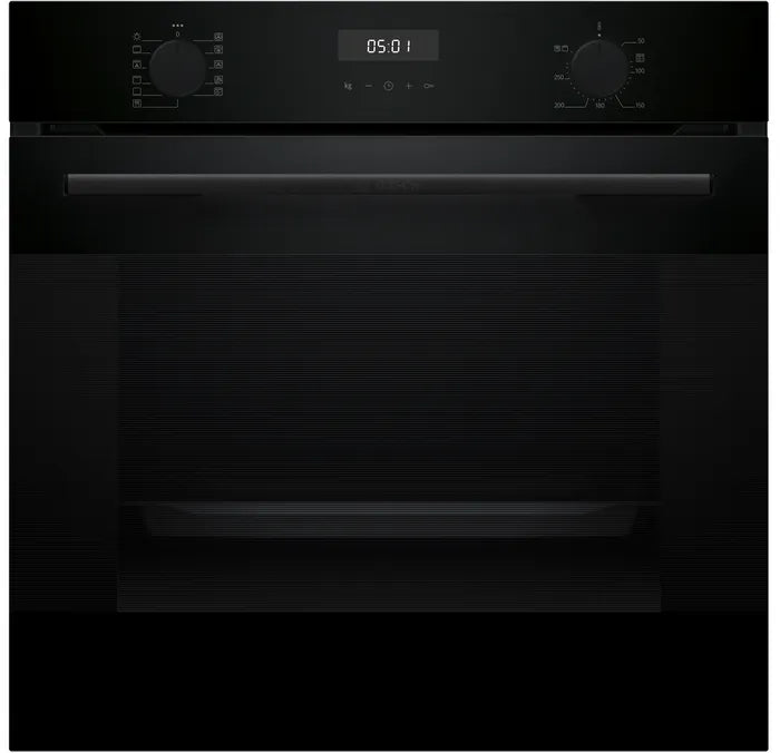 Black oven with digital display on a black background