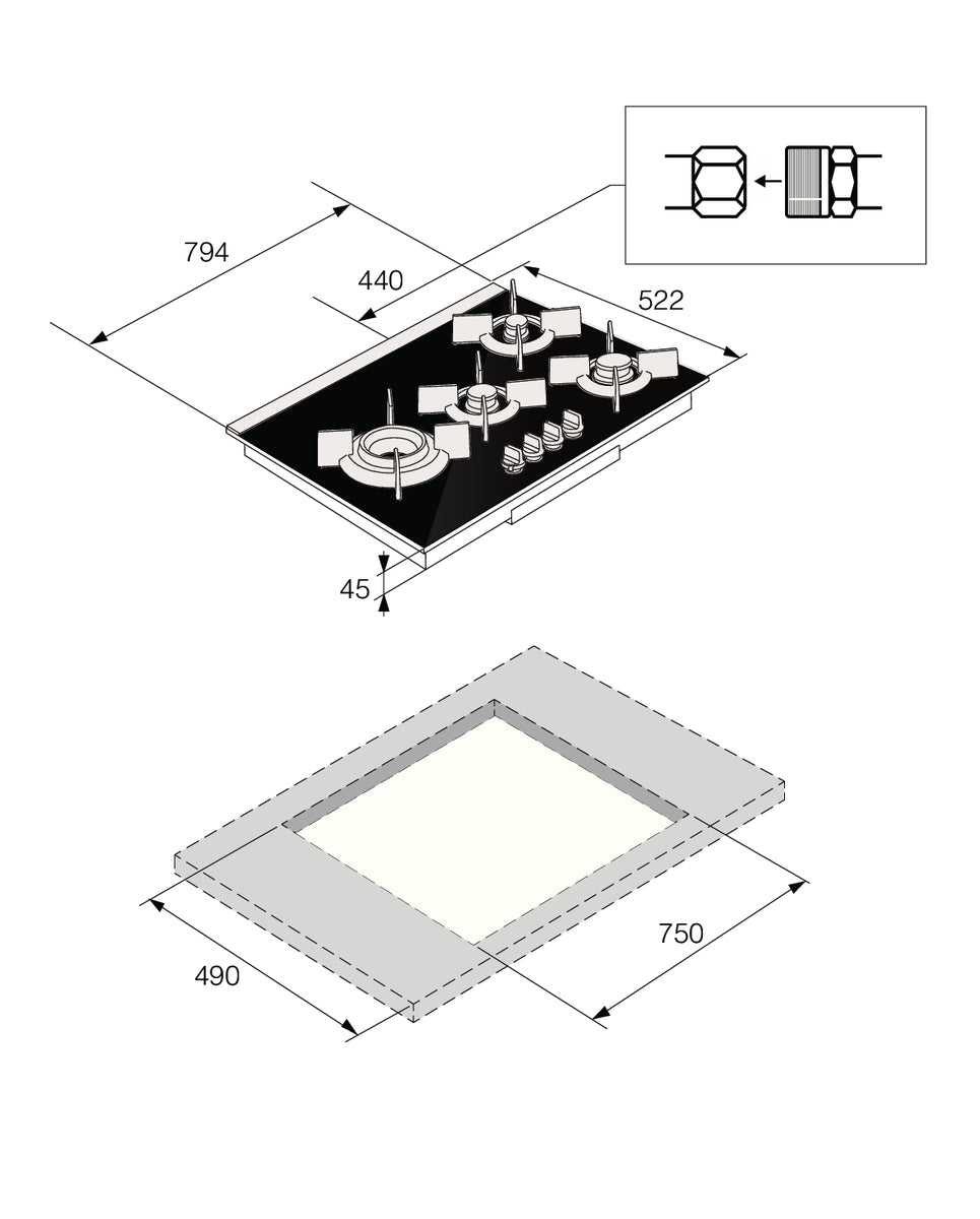 HG8843BGB1 4 Burner Gas Hob 80cm Black Glass 538.60.788