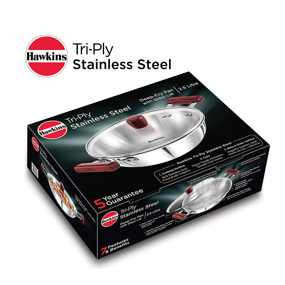 Hawkins Tri-Ply Stainless Steel Deep Fry Pan With Lid 2.5 Litre