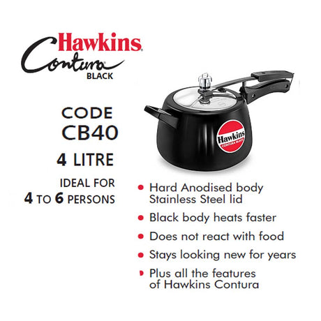 HAWKINS 4 LITRE HARD ANODISED CONTURA BLACK PRESSURE COOKER : CB40
