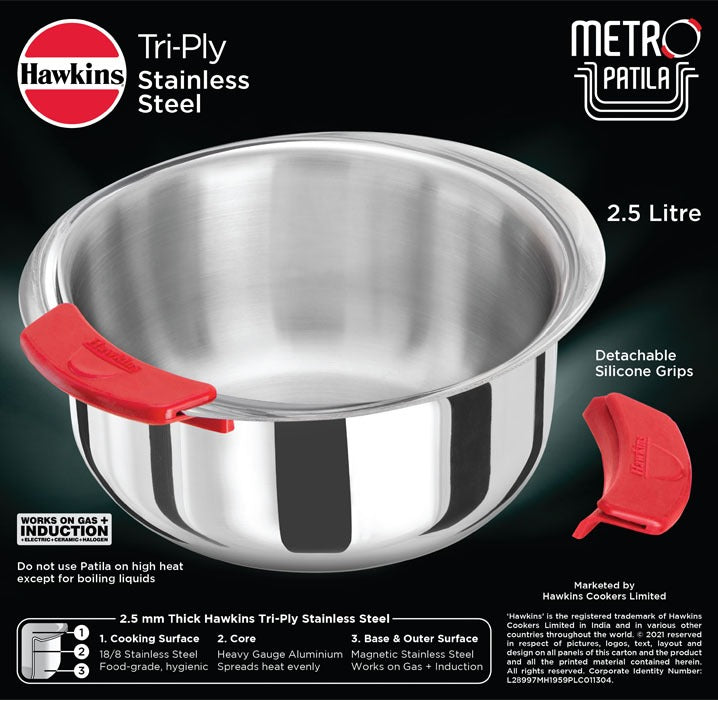 Hawkins Metro Patila Tri-Ply Stainless Steel Induction Safe With Silicone Grips 2.5 Litre (SSP25)