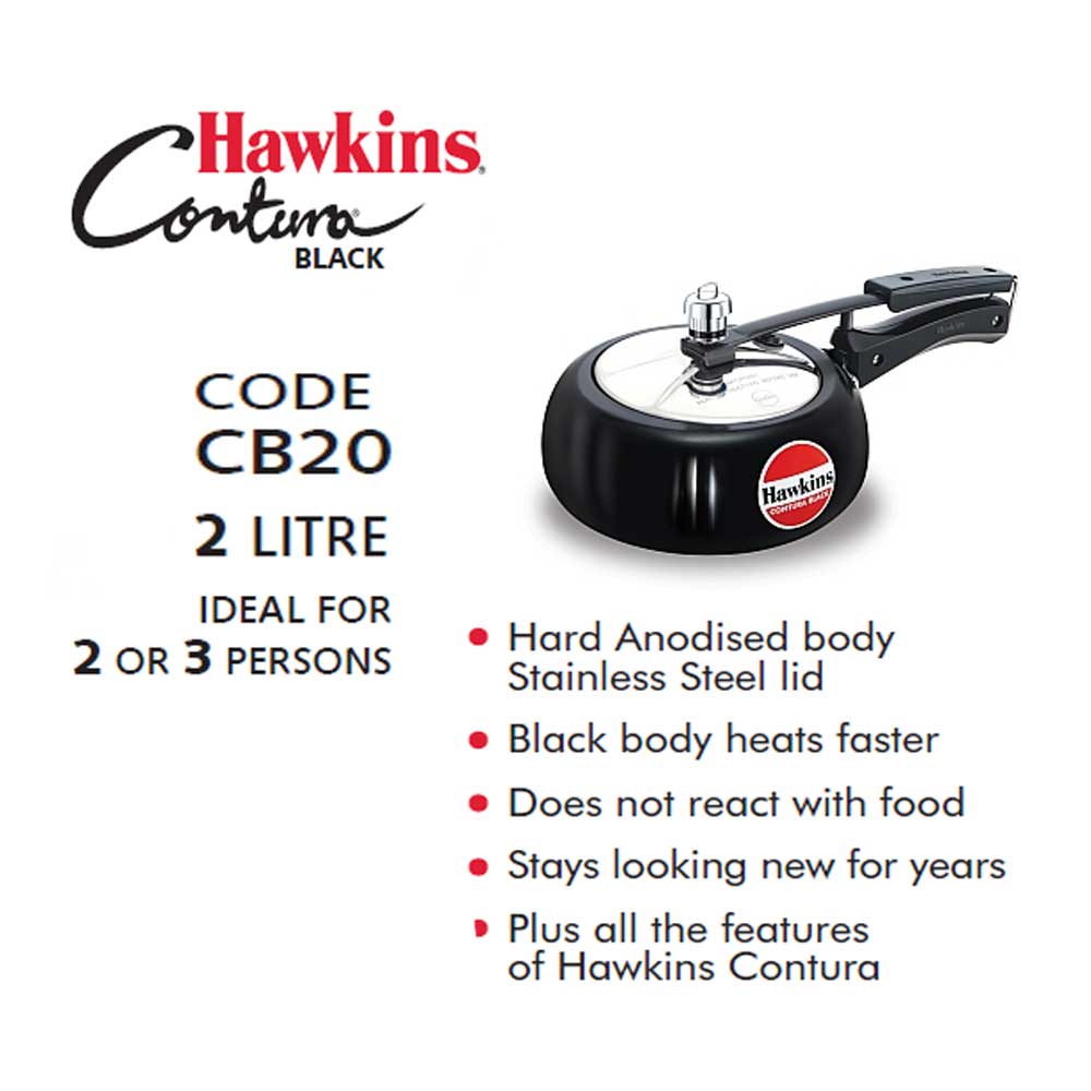 Hawkins Contura Black Pressure Cooker 2 Litre: CB20 with Hawkins Genuine 2 Gasket & 2 Safety Valve