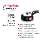 Hawkins Contura Black Pressure Cooker 2 Litre: CB20 with Hawkins Genuine 2 Gasket & 2 Safety Valve