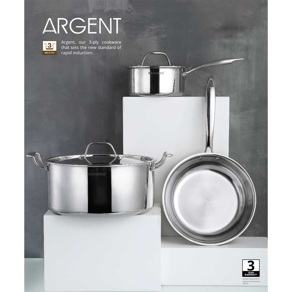 Bergner Argent Triply Stainless Steel Kadai with Lid 18 Cm (BG-6347)