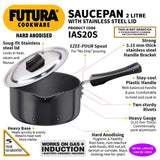 Hawkins Futura 2 Litre Hard Anodised Gas +Induction Base Ezee Pour Saucepan with stainless steel lid  : IAS20S