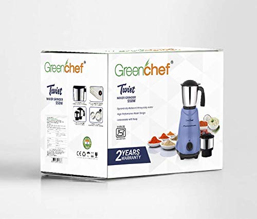 Greenchef Twist (550 Watt) Mixer Grinder with 2 Stainless Steel Jar,Blue.