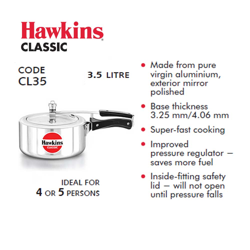 Hawkins Classic Aluminum Pressure Cookers 3.5 Litre : CL35