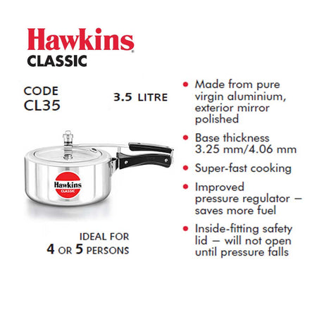 Hawkins Classic Aluminum Pressure Cookers 3.5 Litre : CL35