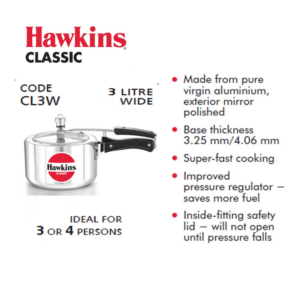 HAWKINS 3 LITRE ALUMINUM CLASSIC PRESSURE COOKERS WIDE BODY : CL3W