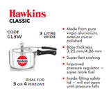 HAWKINS 3 LITRE ALUMINUM CLASSIC PRESSURE COOKERS WIDE BODY : CL3W