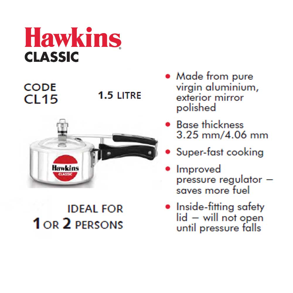 Hawkins Classic 1.5 Litre Pressure Cooker (CL15) – Virgin