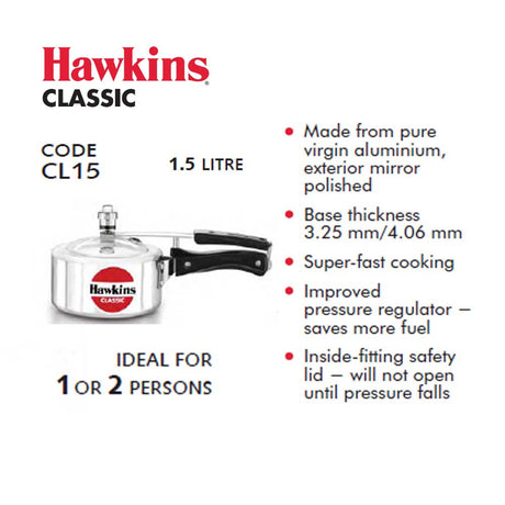 Hawkins 1.5 Litre Aluminum Classic Pressure Cooker : CL15