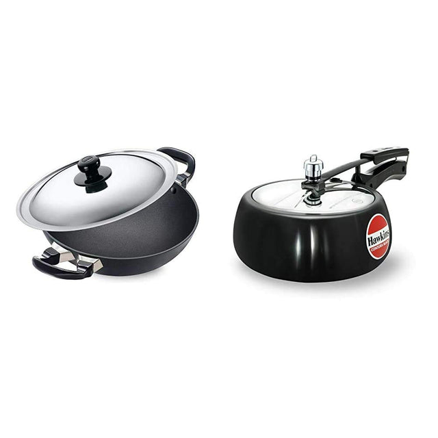 Hawkins - Q55 Futura Non-Stick Round Bottom Deep-Fry Pan with Steel Lid 2.5 Litre & Hawkins Contura Hard Anodised Aluminium Pressure Cooker, 3.5 litres, Black