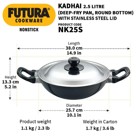 Hawkins - Q55 Futura Non-Stick Round Bottom Deep-Fry Pan with Steel Lid 2.5 Litre & Hawkins Contura Hard Anodised Aluminium Pressure Cooker