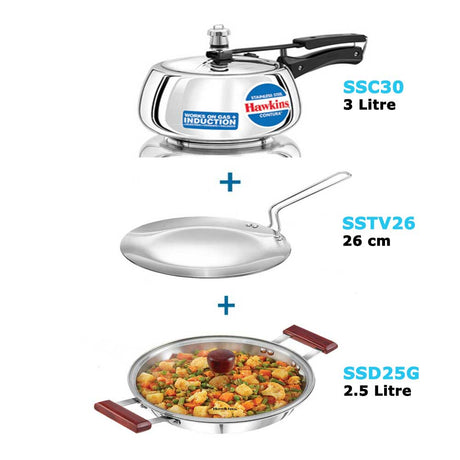 Hawkins Combo S. S. Contura Pressure cooker, Triply tava and Deep Fry Pan