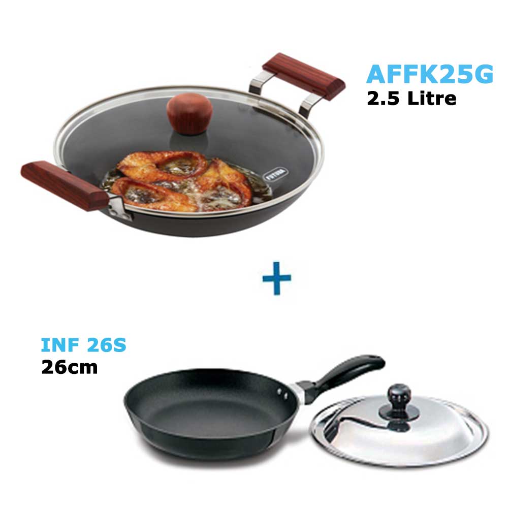 Futura Deep-Fry Pans Fish-Fry Kadhai 2.5 L with Glass lid :AFFK25G and Futura Frying Pans Frying Pan 26cm, 3.25mm With SS: INF 26S