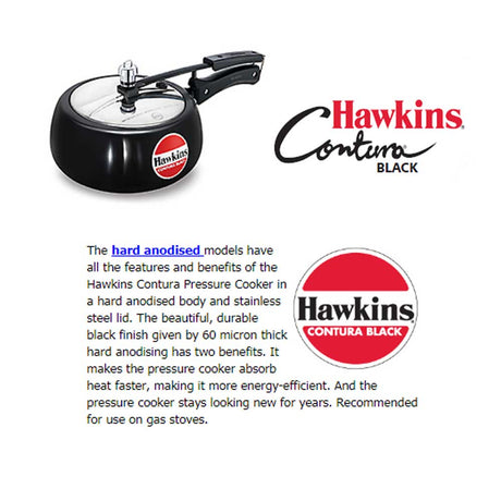 Hawkins Contura Black Pressure Cooker 3.5 Litre: CB35 with Hawkins Genuine 2 Gasket & 2 Safety Valve