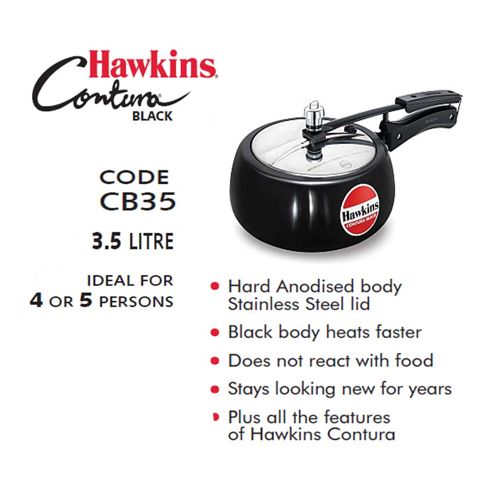 Hawkins Contura Black Pressure Cooker 3.5 Litre: CB35 with Hawkins Genuine 2 Gasket & 2 Safety Valve