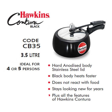 Hawkins Contura Black Pressure Cooker 3.5 Litre: CB35 with Hawkins Genuine 2 Gasket & 2 Safety Valve