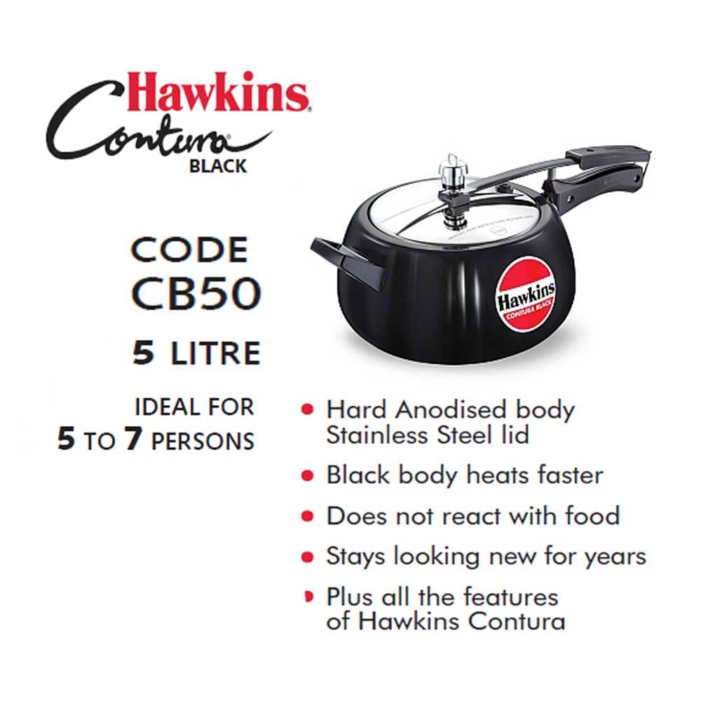 HAWKINS CONTURA BLACK 5 LITRE HARD ANODISED PRESSURE COOKER : CB50
