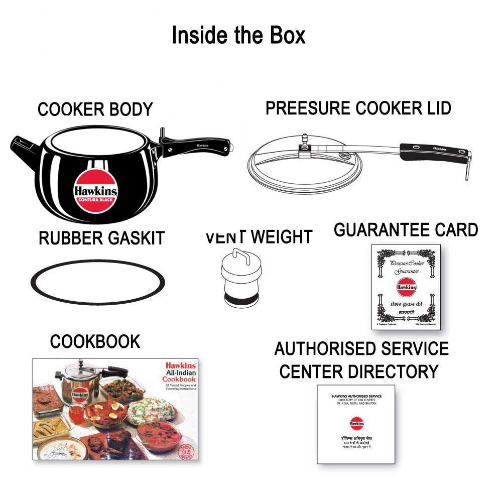 Hawkins Contura Black Pressure Cooker 5 Litre: CB50 with Hawkins Genuine 2 Gasket & 2 Safety Valve