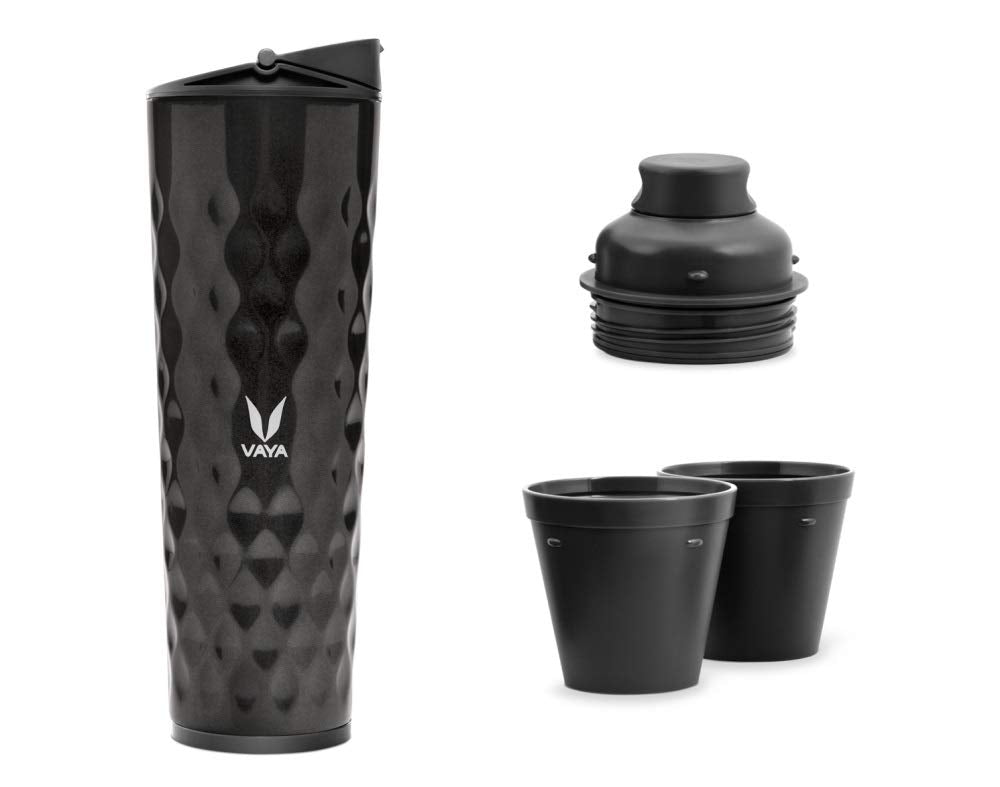 VAYA DRYNK Stainless Steel 3 in 1 BPA Free Water Bottle with 2 Cups, 600ml, Shiny Black