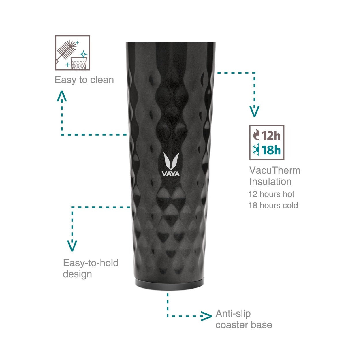 VAYA DRYNK Stainless Steel 3 in 1 BPA Free Water Bottle with 2 Cups, 600ml, Shiny Black