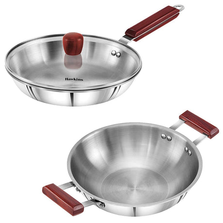 Hawkins Triply 3 mm Stainless Steel Frying Pan 26 cm with Lid and Kadhai 2.5 LTR Without Lid
