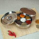 Stainless Steel Masala Dabba / Spice Box, 7 Containers with Spoon & Steel Lid – 6.5 Inch, No.10