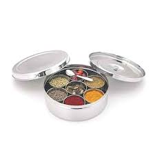 Stainless Steel Masala Dabba / Spice Box, 7 Containers with Spoon & Steel Lid – 6.5 Inch, No.10