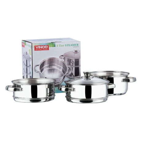 Vinod 3 Tier Steamer with Glass Lid Stainless Steel - 20cm (Induction Friendly) BSSH3-20