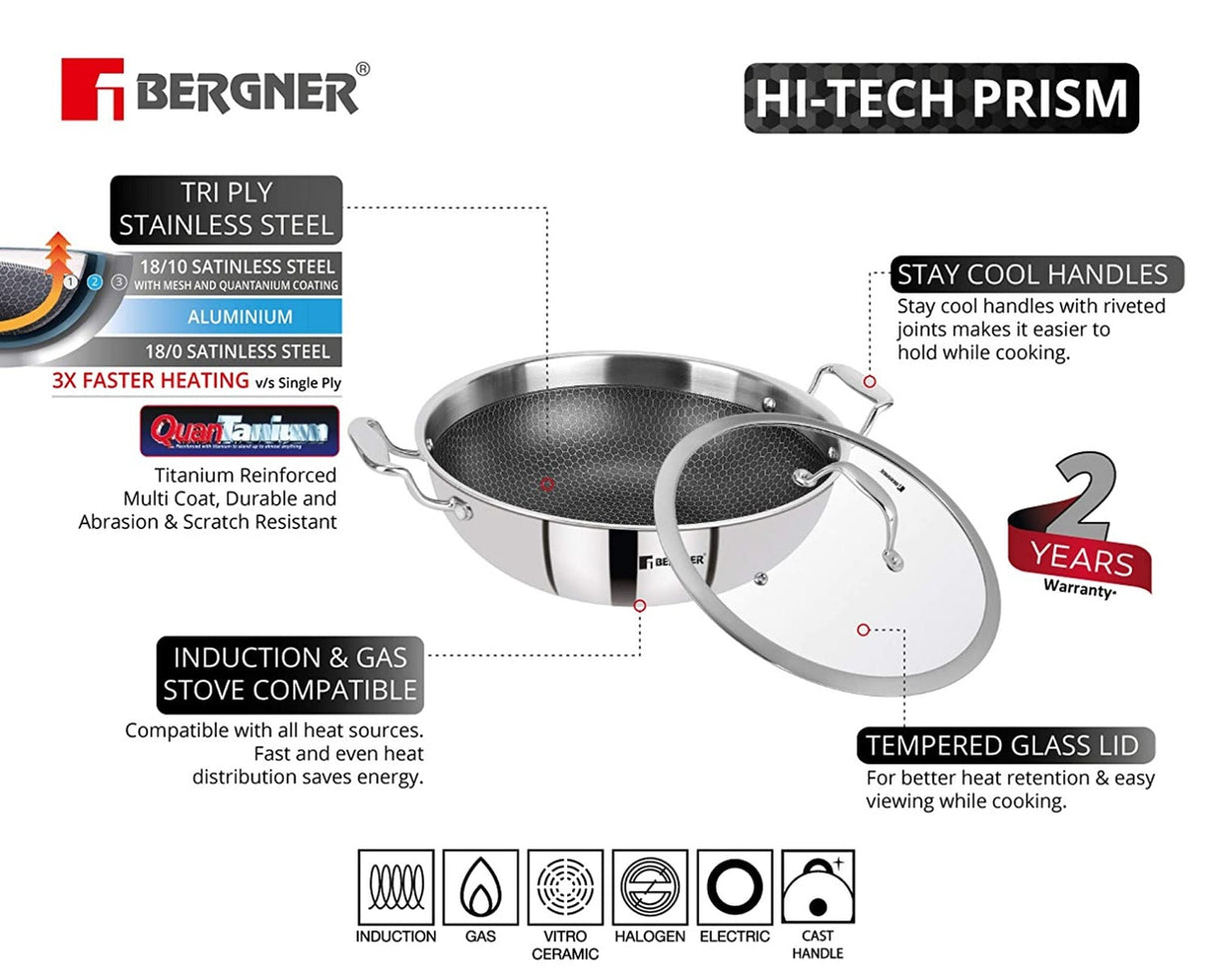 Bergner SS Hi-Tech Tri-Ply Wok With Lid 28 cm (BG-31153-MM)