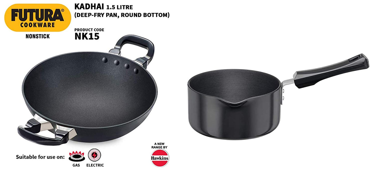 HAWKINS FUTURA NON-STICK DEEP-FRY PAN, 1.5 LITRE, BLACK & FUTURA HARD ANODISED SAUCE PAN, 1.5 LITRES, BLACK COMBO