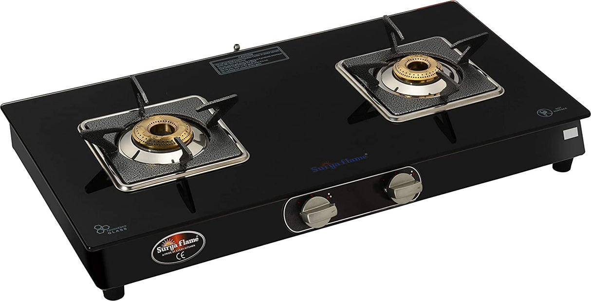 Surya Flame 2B Bello Black Auto Ignition Glasstop Gas Stove in MS Body (2 Burner)