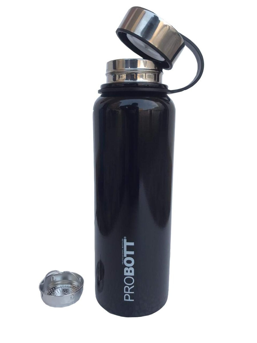 Probott 1500 ml Thermosteel Thermos Flask Water Bottle with Filter and Leather Cover  Black-PB1500-02