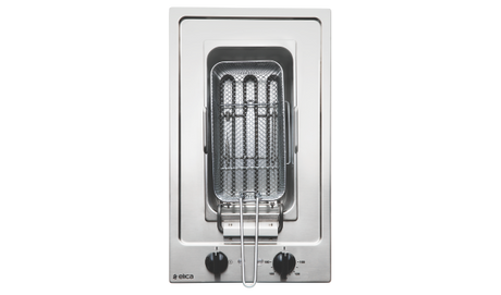 Stainless steel deep fryer on a white background