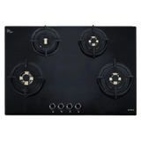 Black gas stove with four burners on a white background