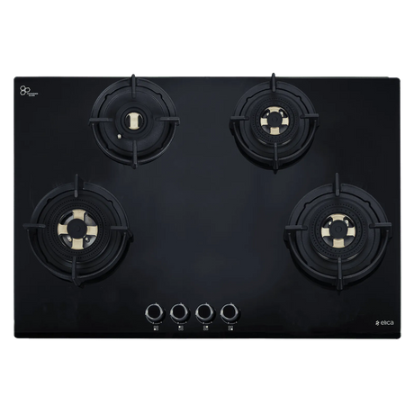 Black gas stove with four burners on a white background