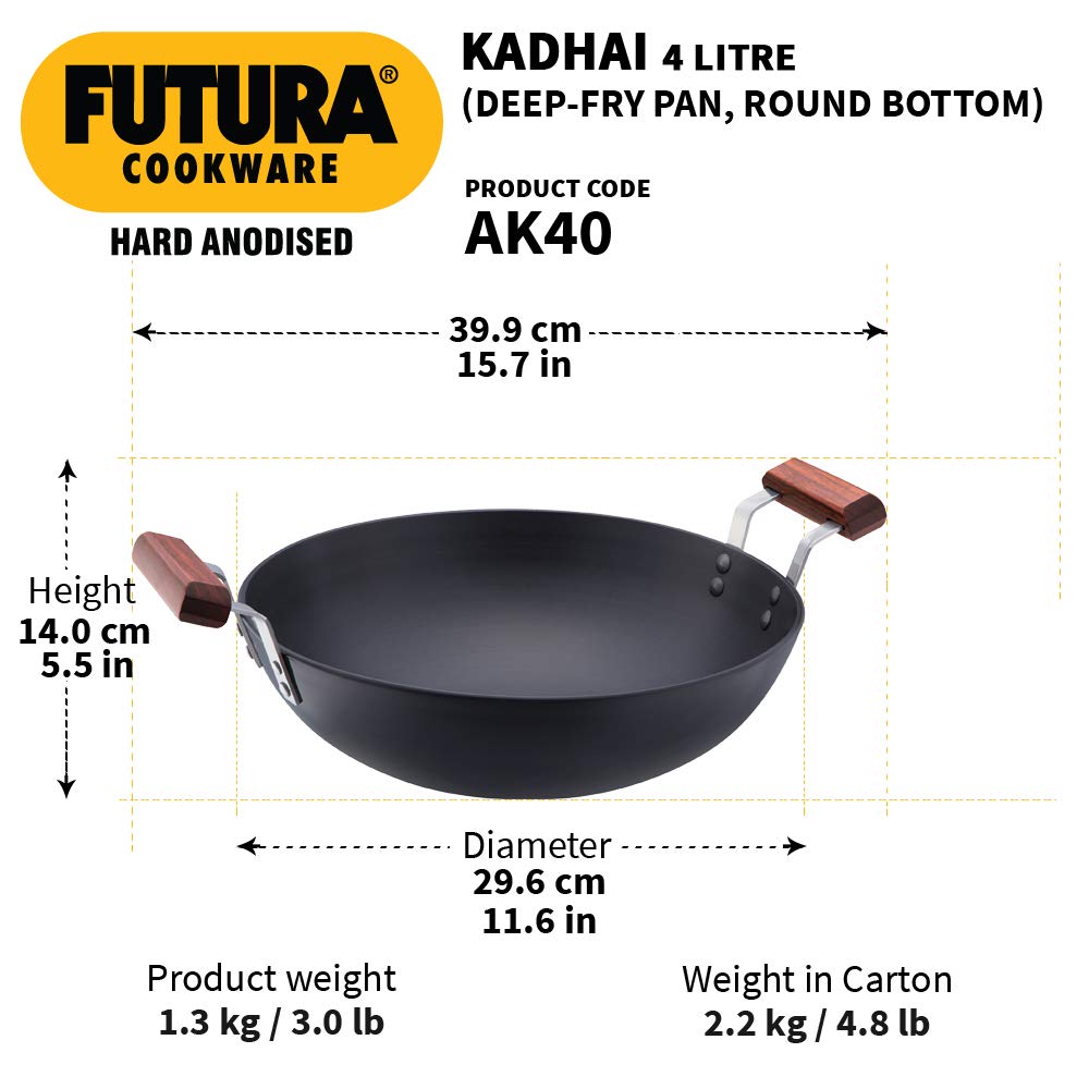 Hawkins Futura 4 Litre  Hard Anodised Deep-Fry Pan (Kadhai) Without Lid  : AK40