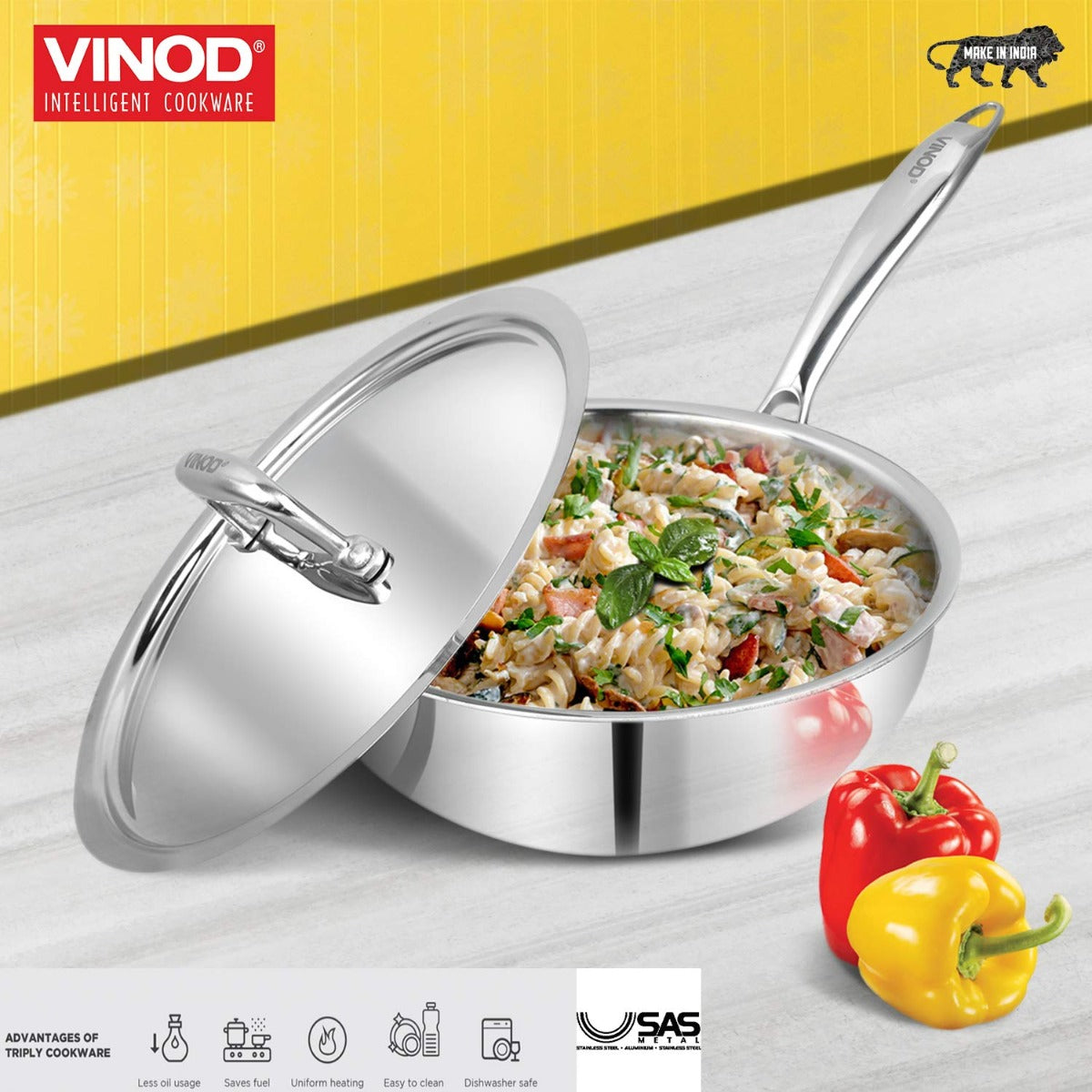 Vinod Platinum Triply Stainless Steel Deep Frypan with Lid- 22cm (PTDF22)