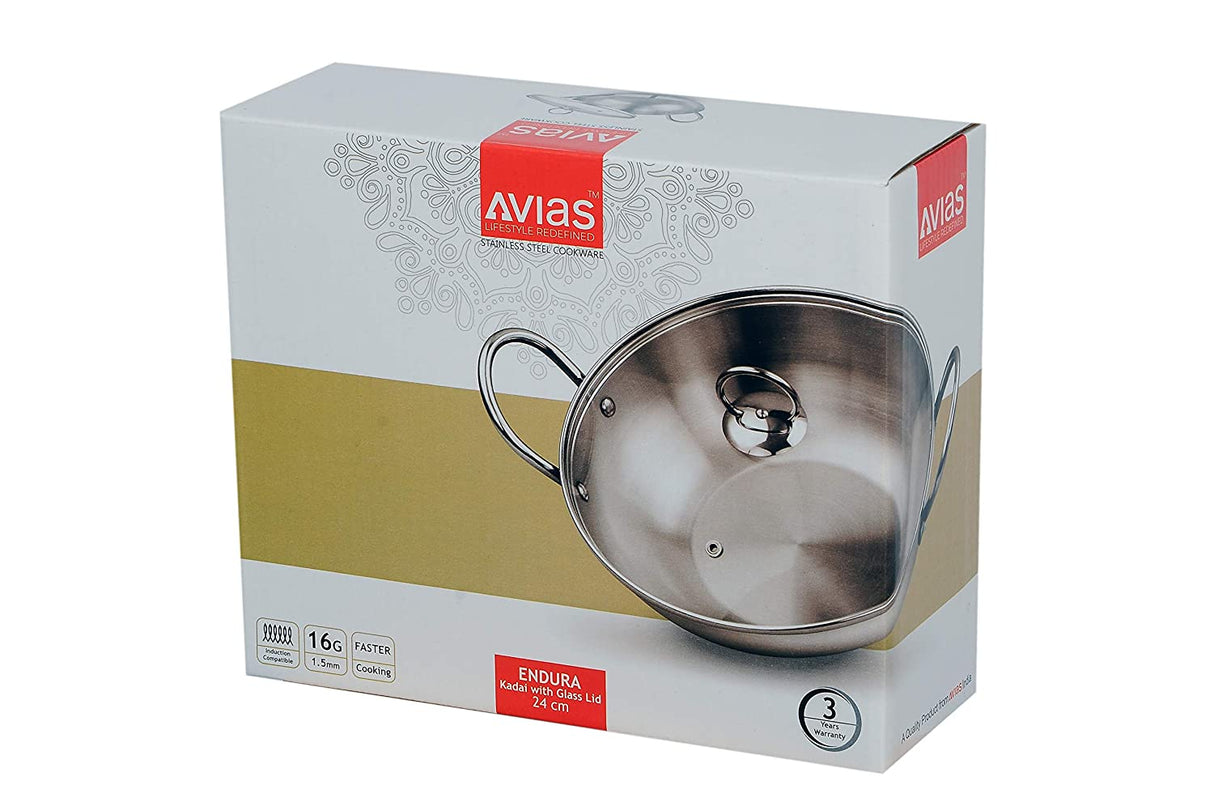 AVIAS Endura Stainless Steel Induction Bottom Kadhai with Lid (22 cm)