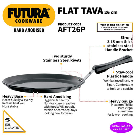 Hawkins 26cm Futura Hard Anodised Flat Tawa with Plastic Handle AFT26P