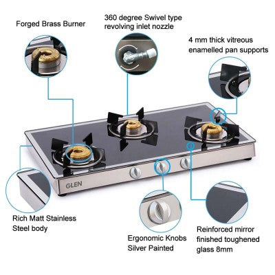 GLEN 3 BURNER GLASS COOKTOP 1038 GT FORGED BB (AUTO IGNITION)
