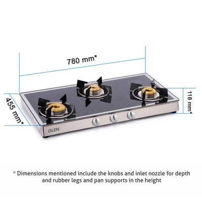 GLEN 3 BURNER GLASS COOKTOP 1038 GT FORGED BB (AUTO IGNITION)
