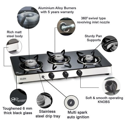 GLEN 3 BURNER COOKTOP 1033 GT XL FORGED BB DOUBLE DRIP TRAY (NON AUTO IGNITION)
