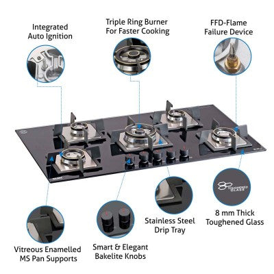 Glen 5 Burner Built-in Glass Hob 1095 SQ DB TR FFD (Flame Failure Device)