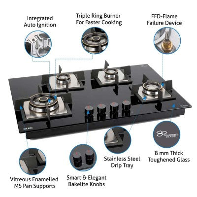 Glen 77 cm 4 Burner Built-in Glass Hob Top 1074 SQ HT DB TR FFD (Flame Failure Device)