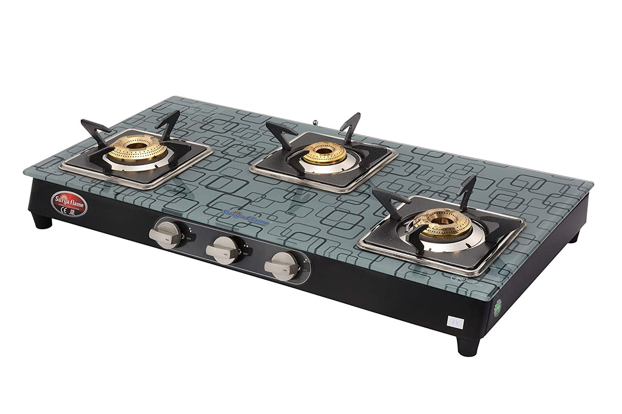 Suryaflame 3 Burner Ultra Glasstop Gas Stove with MS Body (Manual Ignition)