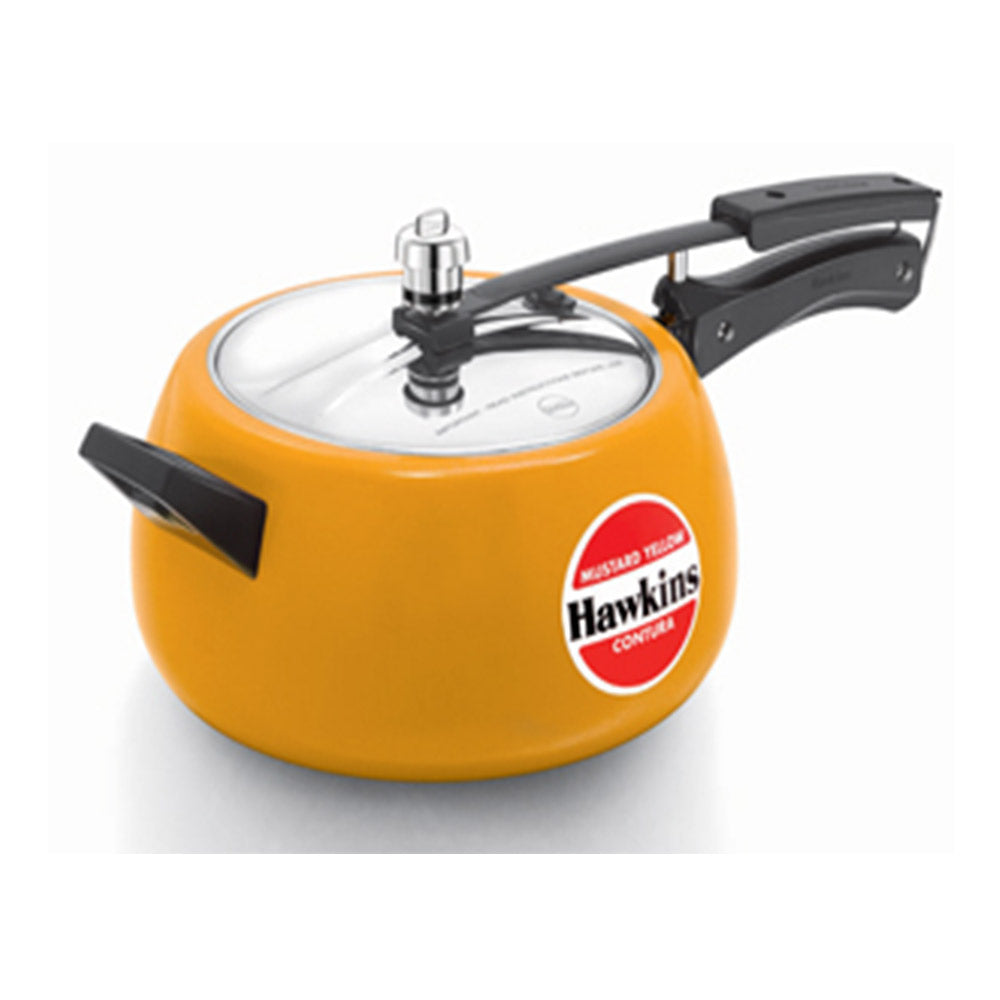 Hawkins Ceramic Coated Contura Pressure Cooker Mustard Yellow 5 Litre : CMY50 with Hawkins Genuine 2 Gasket & 2 Safety Valve